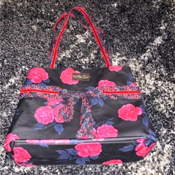 Matilda Jane Handbags - Matilda Jane Heart Strings Tote Bag Black Red Rose Floral Velour Ribbon Accents
